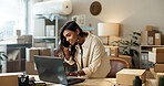 Woman, phone call and laptop, ecommerce and logistics with communication and small business owner. Shipping, check digital inventory list for delivery and networking with supplier and supply chain
