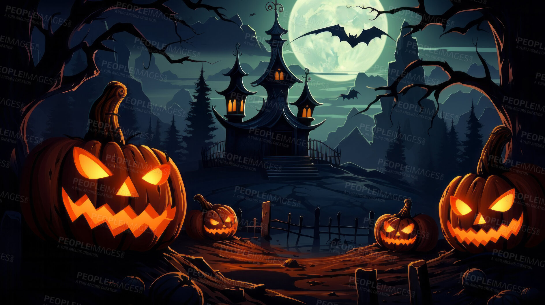 Buy stock photo Spooky halloween pumpkin illustration wallpaper or background for celebration