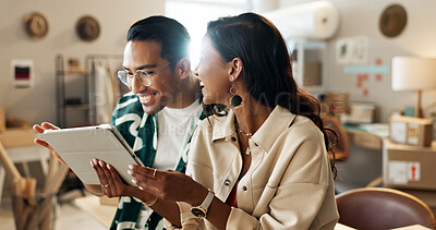 Buy stock photo Happy people, tablet and teamwork in small business or logistics for inventory inspection or design at boutique. Man and woman or fashion designer smile on technology for team collaboration at store
