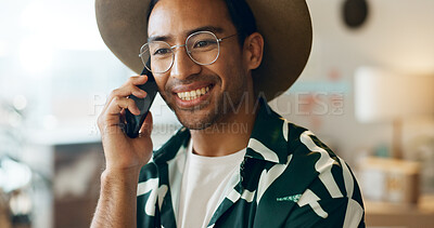 Buy stock photo Thinking, talking and man on phone call in retail for networking, orders and planning stock. Happy, idea and an Asian employee in fashion with conversation about a sale at a boutique or shop online