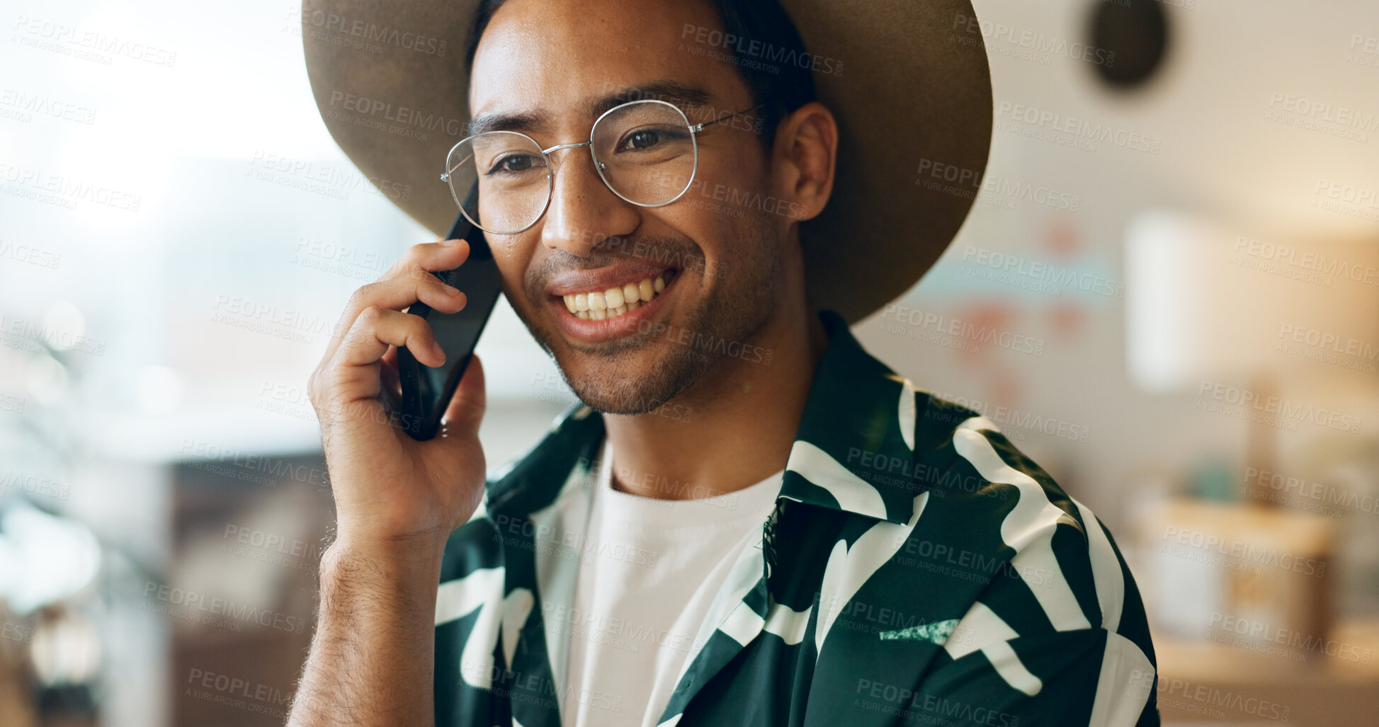 Buy stock photo Thinking, talking and man on phone call in retail for networking, orders and planning stock. Happy, idea and an Asian employee in fashion with conversation about a sale at a boutique or shop online