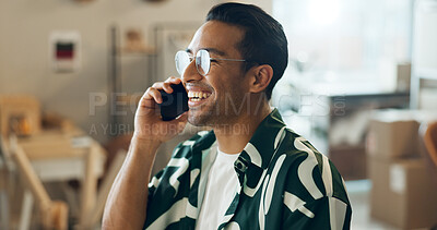 Buy stock photo Happy man, phone call and shipping in small business, conversation or logistics at fashion boutique. Male person smile talking on mobile smartphone in online order, discussion or sale at retail store