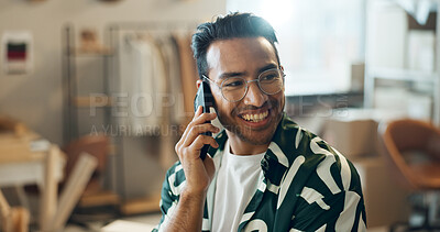 Buy stock photo Phone call, fashion and designer with man for small business, thinking of startup and communication in office. Young entrepreneur, seller or tailor on mobile for e commerce contact and clothes idea