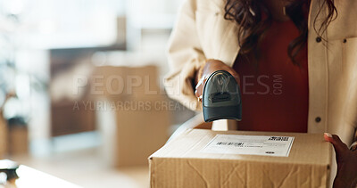 Woman, hands and scan box in logistics for inventory check, storage inspection or pricing at boutique. Closeup of female person or employee scanning boxes for price, barcode or information at store