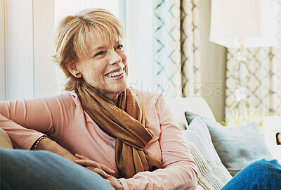 Buy stock photo Thinking, senior or happy woman in home with memory, ideas and joy on living room sofa or couch. Wellness, remember or mature lady with decision, smile or relax in retirement, lounge or house 