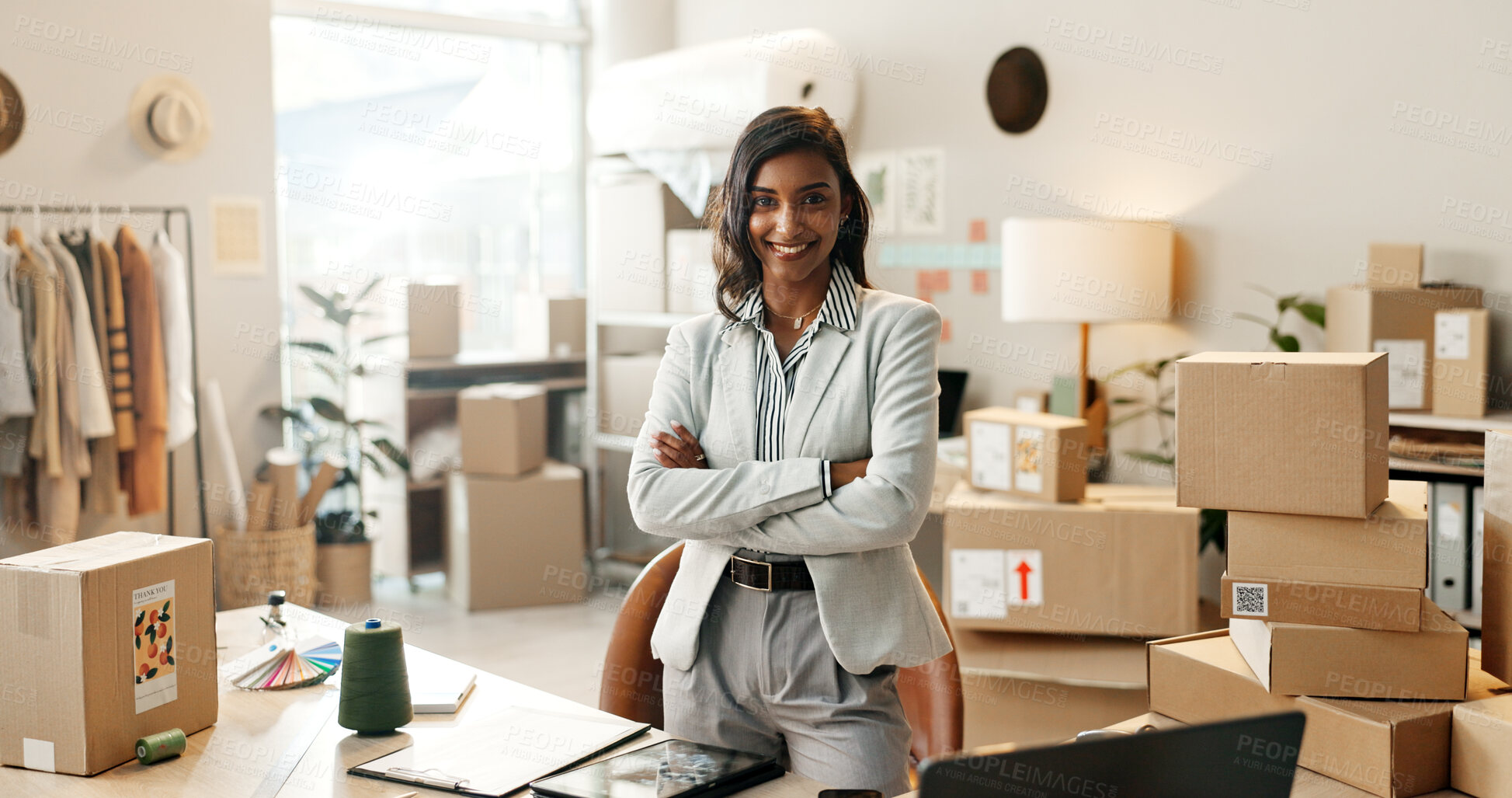 Buy stock photo Happy woman, portrait and small business professional in logistics, supply chain or fashion boutique. Confident female person smile with arms crossed in management, distribution and boxes at store