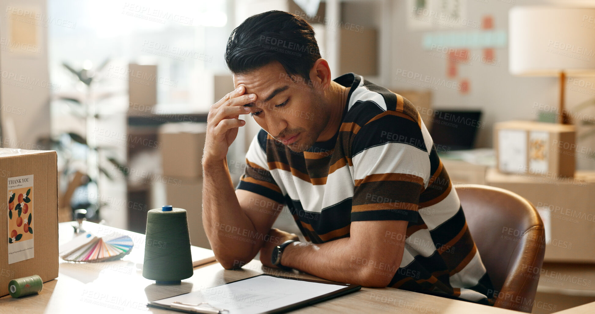 Buy stock photo Frustrated man, headache and stress with boxes in anxiety, mistake or overworked in logistics at office. Male person with migraine, mental health or depression in fatigue, fail or bankruptcy and debt