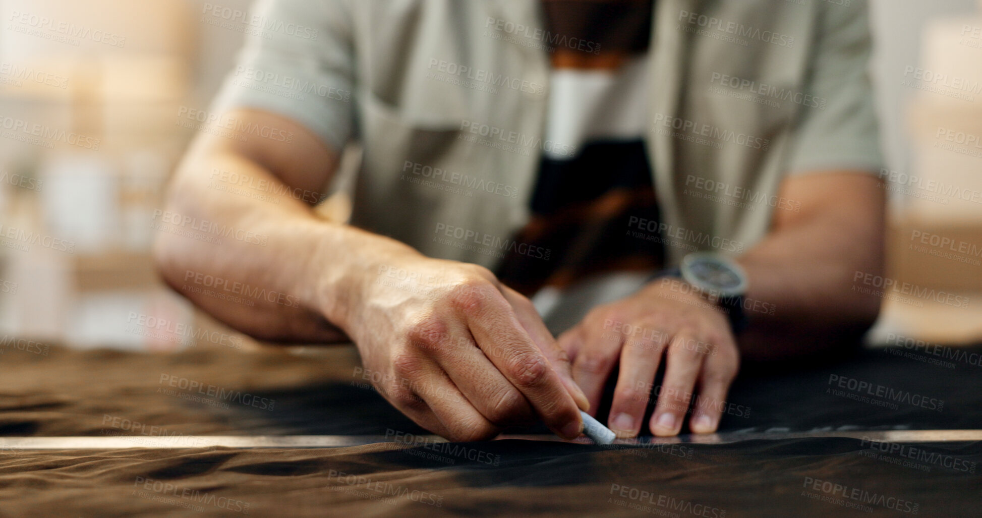 Buy stock photo Closeup, hands and a tailor with clothes for measure, fitting or a design on fashion. Workshop, chalk line and designer, stylist or seamstress with manufacturing or production and creative on fabric