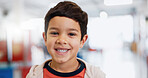 Portrait, boy and child with learning for science, convention or exhibition with smile and education. Face, student and kid with happiness at scientific tradeshow, workshop or academy for knowledge