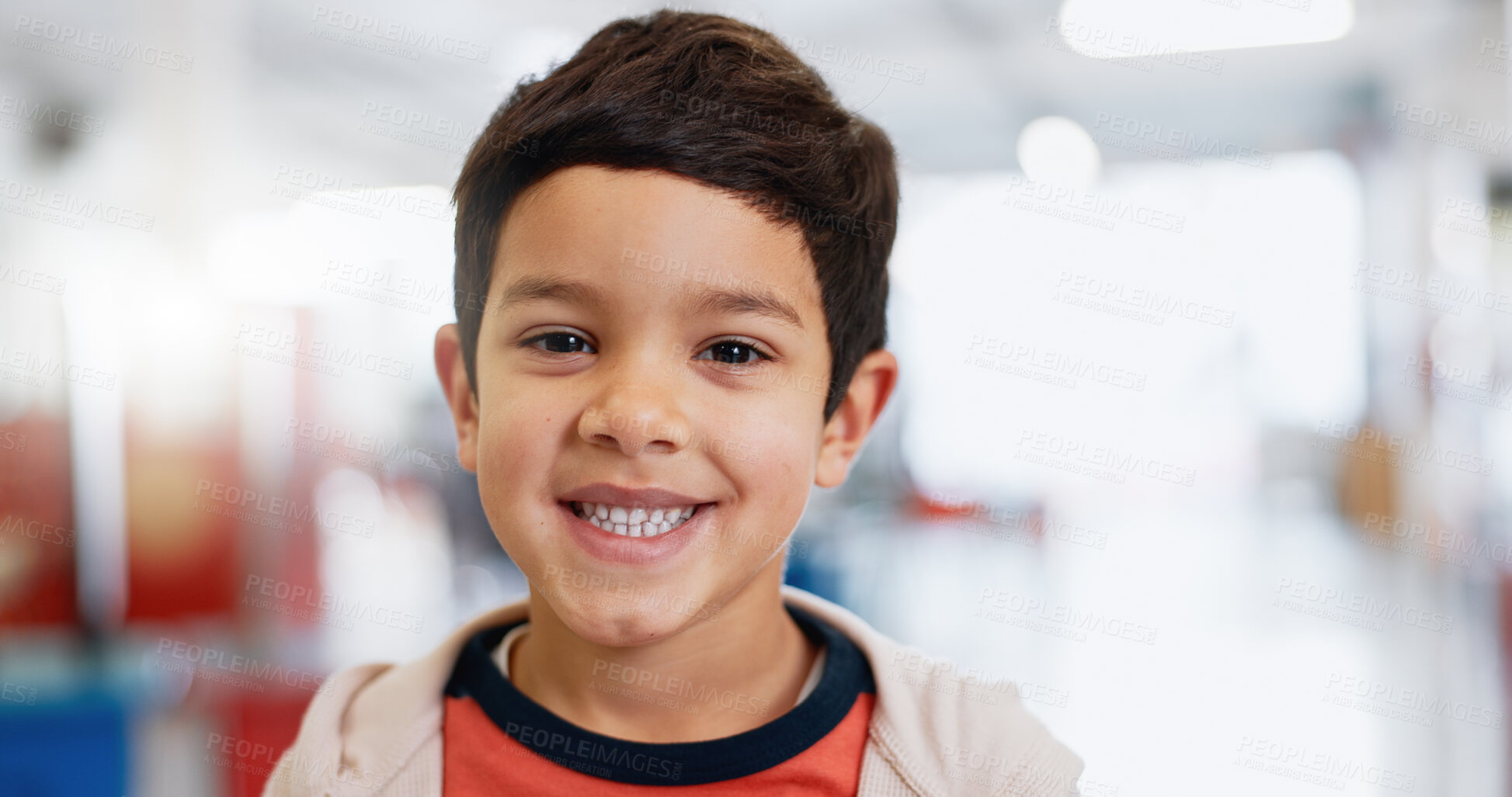 Buy stock photo Portrait, boy and child with learning for knowledge, scholarship and education with smile at school. Face, student and kid with confidence or happy at academy or classroom for childhood development 