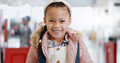 Portrait, girl and child with education for science, convention or exhibition with smile and backpack. Face, student and kid with happiness at scientific tradeshow, workshop or academy for knowledge