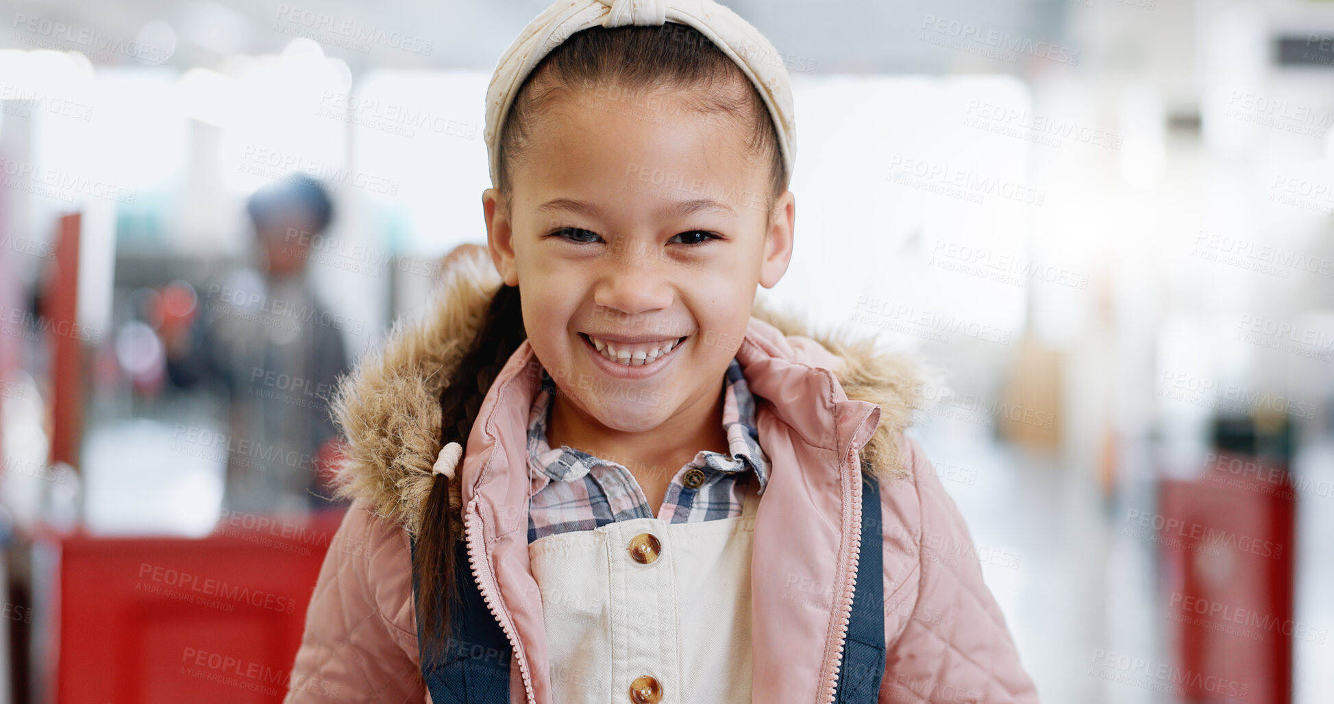 Buy stock photo Portrait, girl and child with education for science, convention or exhibition with smile and backpack. Face, student and kid with happiness for knowledge, learning or scholarship at academy or school