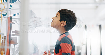 Buy stock photo Thinking, child and in a lab for science, learning and education on research. Smile, idea and a boy, kid or student with a future in innovation, biology or futuristic classroom for studying