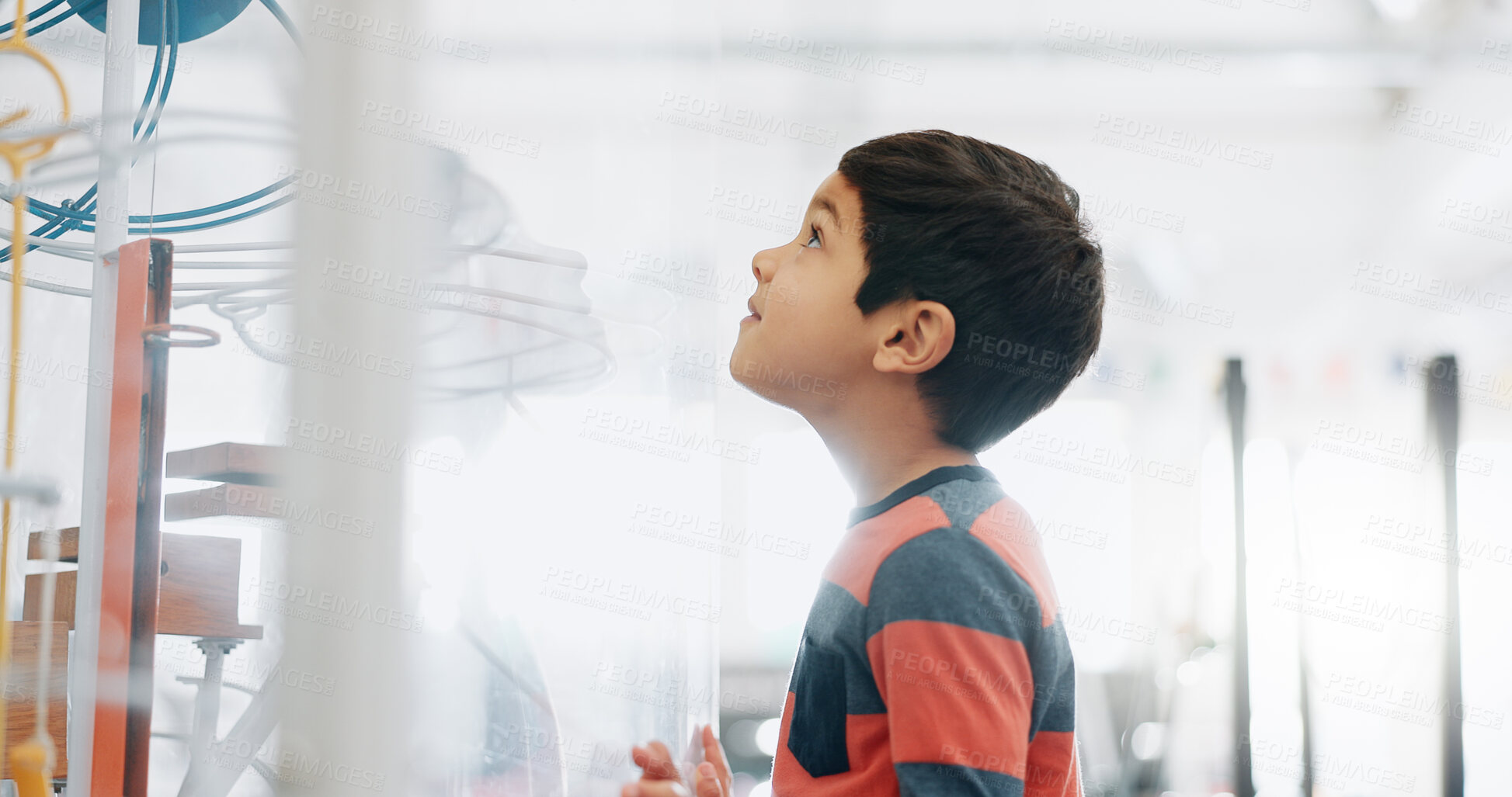 Buy stock photo Thinking, child and in a lab for science, learning and education on research. Smile, idea and a boy, kid or student with a future in innovation, biology or futuristic classroom for studying