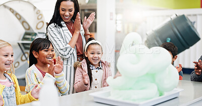 Buy stock photo Clapping, teacher and students with science, education or excited with celebration, smile or learning. Chemistry, educator or woman with children, kids or teaching with school, applause or laboratory