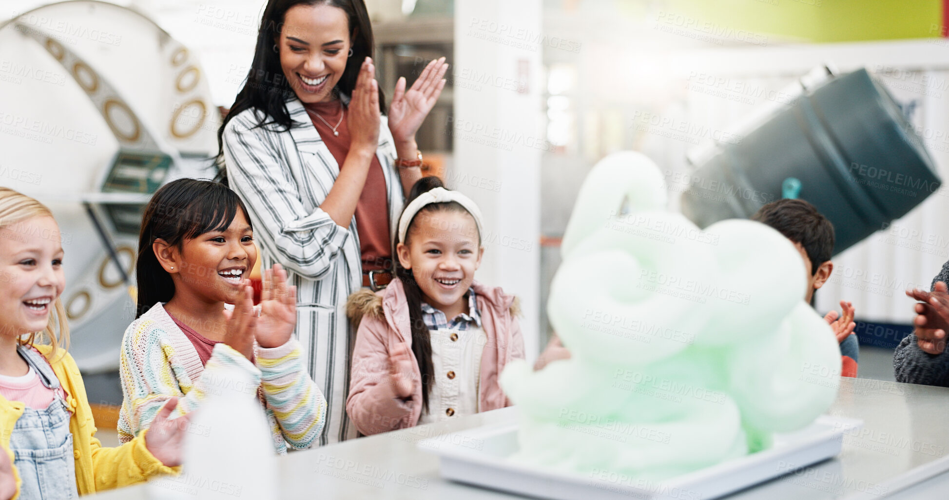 Buy stock photo Clapping, teacher and students with science, education or excited with celebration, smile or learning. Chemistry, educator or woman with children, kids or teaching with school, applause or laboratory