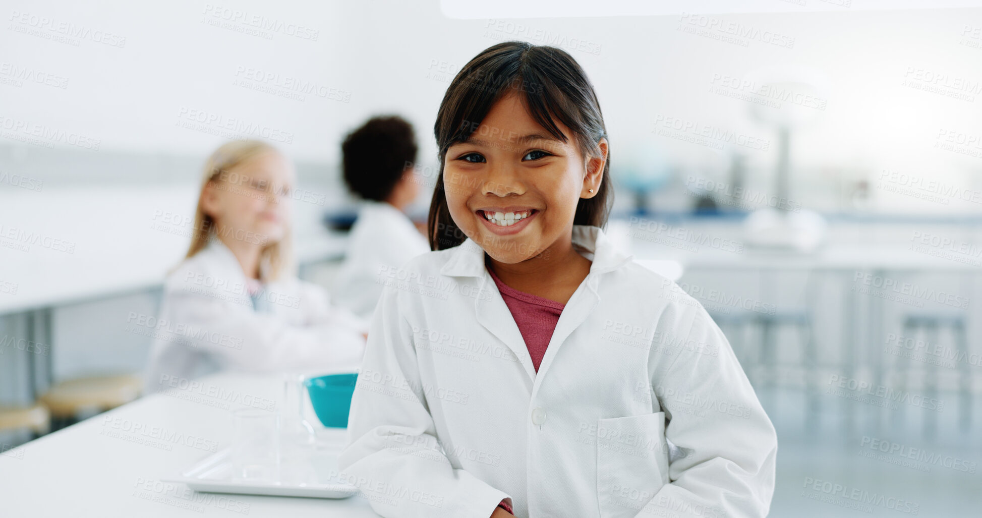 Buy stock photo Portrait, girl and child in laboratory for science, knowledge or learning about chemistry with smile and lab coat. Face, student and kid with happiness in classroom, workshop or academy for education