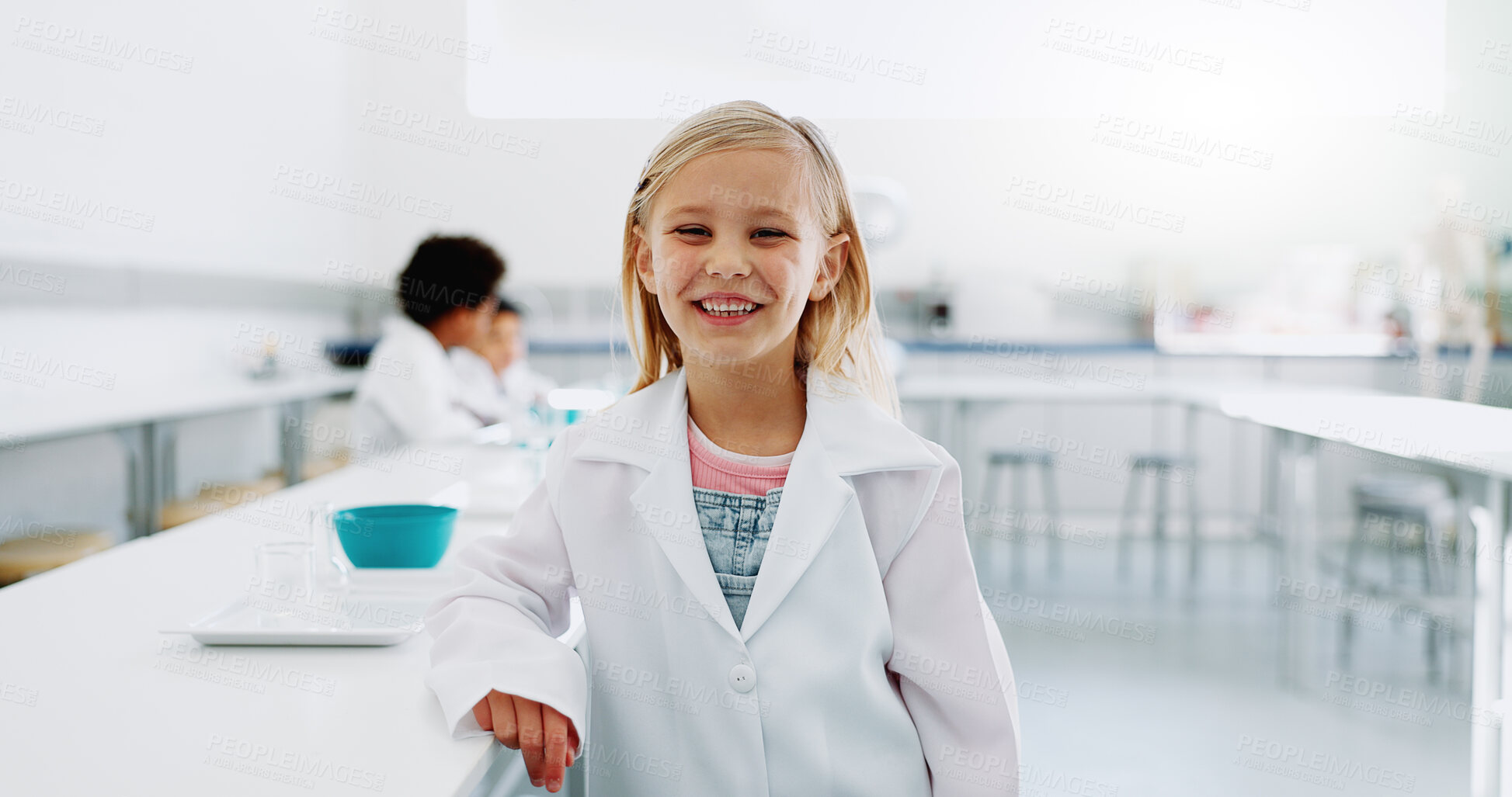 Buy stock photo Portrait, girl and child with lab coat for science, convention or exhibition with smile and education. Face, student and kid with happiness at scientific tradeshow, workshop or academy for knowledge