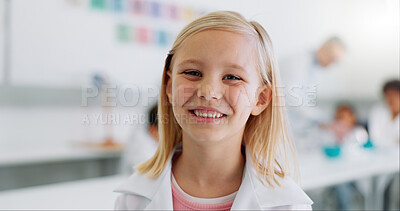 Buy stock photo Science, school and portrait of girl in classroom for chemistry lesson, knowledge and learning with smile. Laboratory, student and face of happy child for education, academy and studying on campus