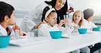 Science, education and kids in class with their teacher for learning or to study chemistry. Children, school and scholarship with students in a laboratory for an experiment of chemical reaction