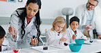 School kids, science and class with teacher, lab and learning  information with experiment for knowledge. Children, boy and girl with education, scientist or scholarship for innovation in laboratory