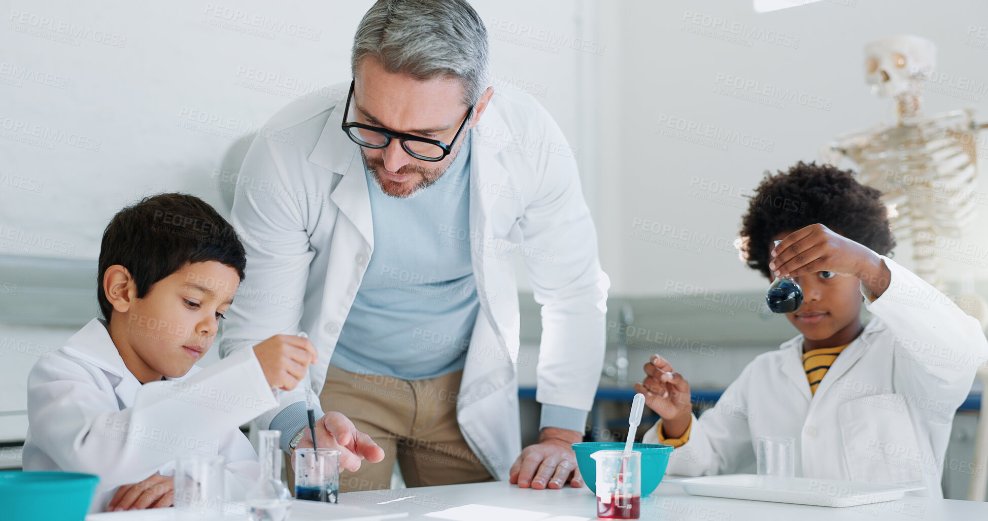 Buy stock photo Science, teacher and students with education, classroom and laboratory with research, conversation and explain process. School, man or children with educator, questions or kids with support or liquid