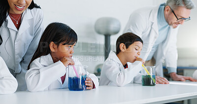 School kids, drink and class for science, learning and teacher for information, guide and knowledge in lab. Children, boy and girl with scientist, container or scholarship for innovation with mentor
