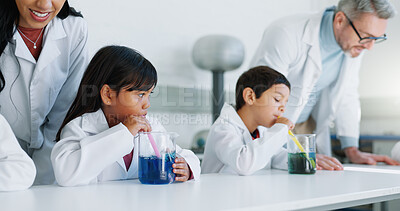 Buy stock photo School kids, experiment and class for science, learning or teacher with info, guide and knowledge in lab. Children, boy and girl with chemistry, container and scholarship for innovation with gas