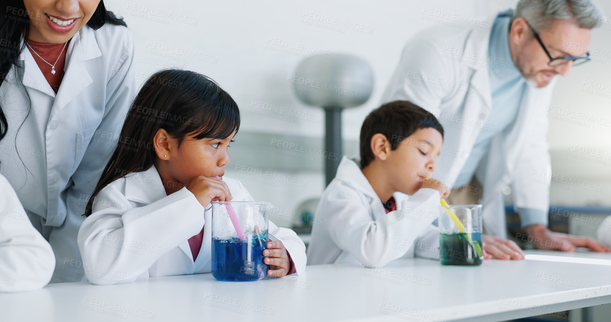 Buy stock photo School kids, experiment and class for science, learning or teacher with info, guide and knowledge in lab. Children, boy and girl with chemistry, container and scholarship for innovation with gas