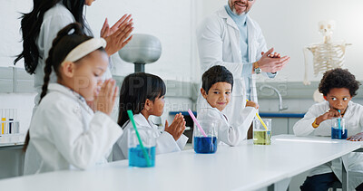 Buy stock photo School kids, science and applause in class for learning, goals and achievement with knowledge in laboratory. Children, boy and girl with education, success and scholarship with cheers at academy