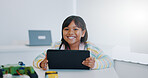 Smile, portrait and child in classroom with tablet, education and learning science with website. School, internet and face of happy girl with digital app for online class, research and technology.