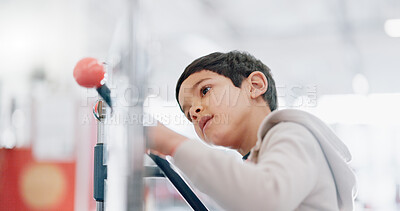 Buy stock photo Playing, education and a child in a lab for science, atom research and studying molecules. Thinking, future and a boy, kid or student learning about dna in a classroom or development in a workshop