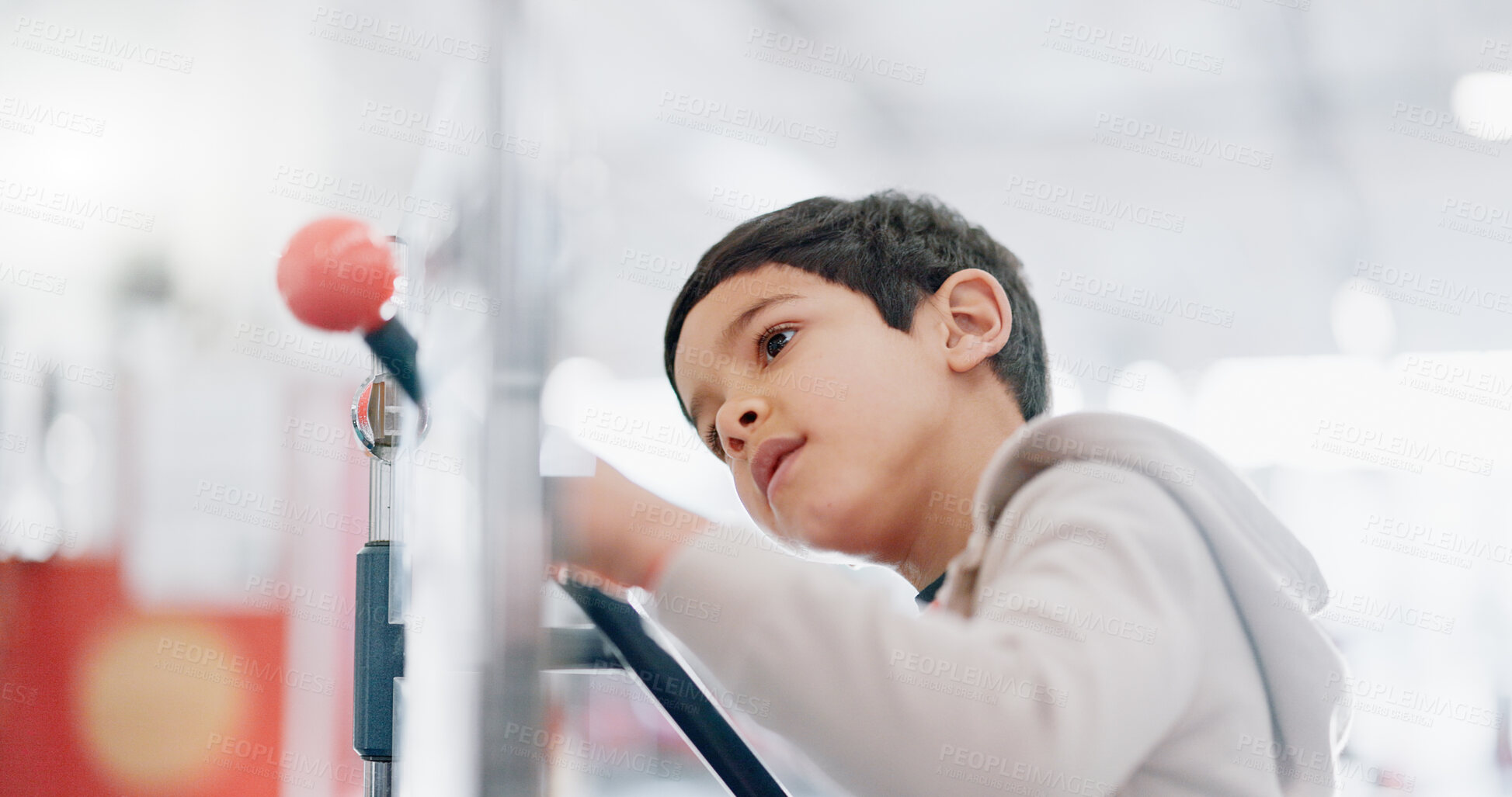 Buy stock photo Playing, education and a child in a lab for science, atom research and studying molecules. Thinking, future and a boy, kid or student learning about dna in a classroom or development in a workshop