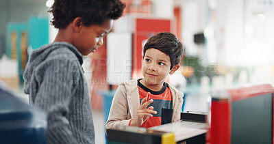 Buy stock photo Young students, classroom and science equipment for education, experiment and learning with toys. Boy, academy and collaboration at problem solving with discussion, school and listening to knowledge