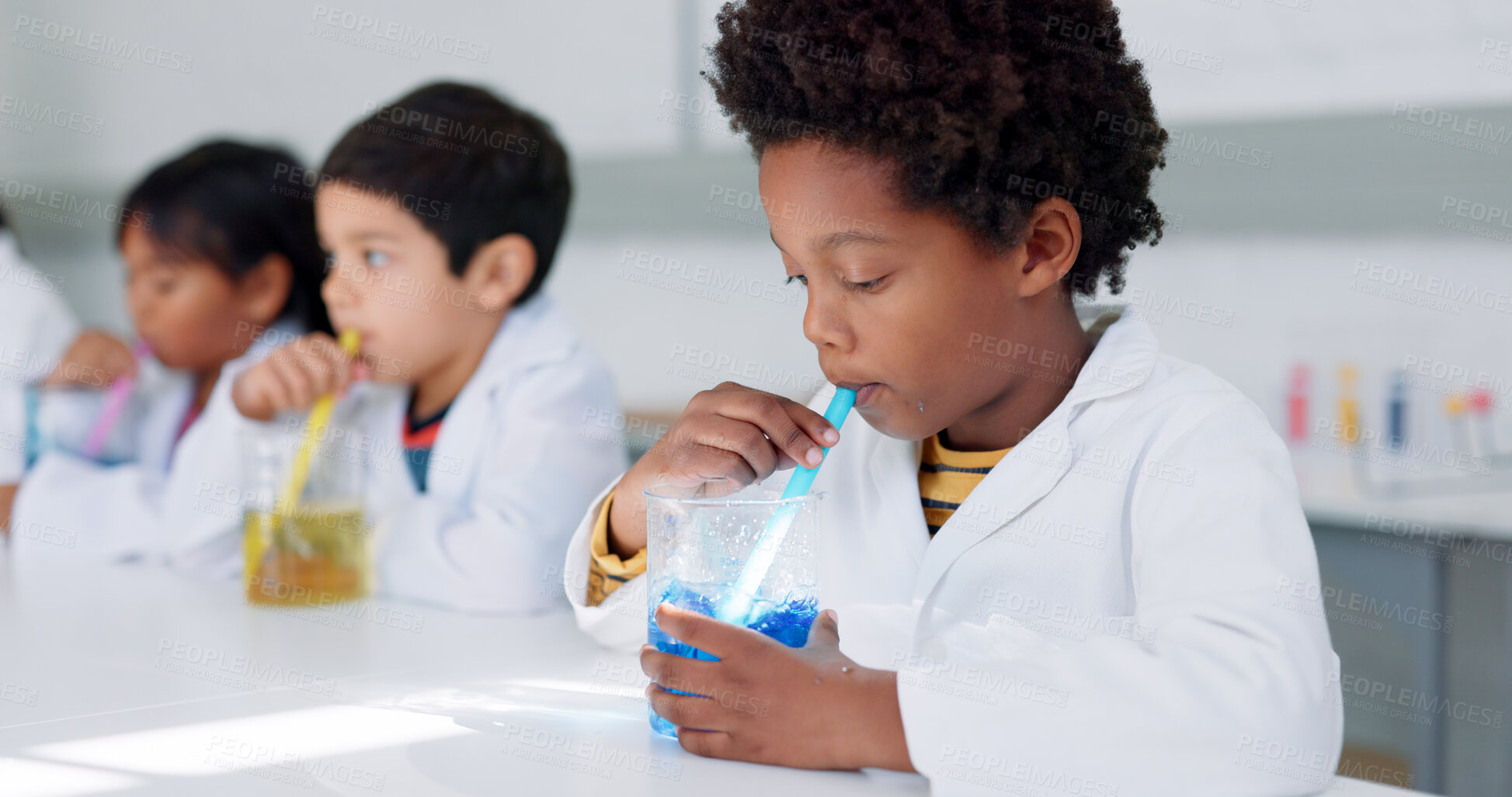 Buy stock photo Education, science and kids in a classroom for an experiment while learning chemistry together at school. Study, laboratory and innovation with student children in class for growth or development