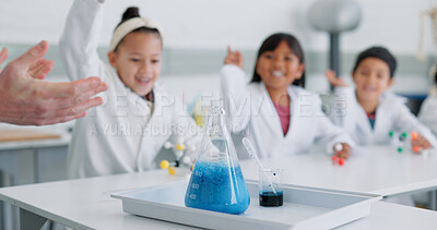 School kids, science and raised hand in class for learning, question and happy for experiment with knowledge. Children, boy and girl with education, container and scholarship for innovation in lab