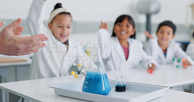 Buy stock photo School kids, science and raised hand in class for learning, question and happy for experiment with knowledge. Children, boy and girl with education, container and scholarship for innovation in lab