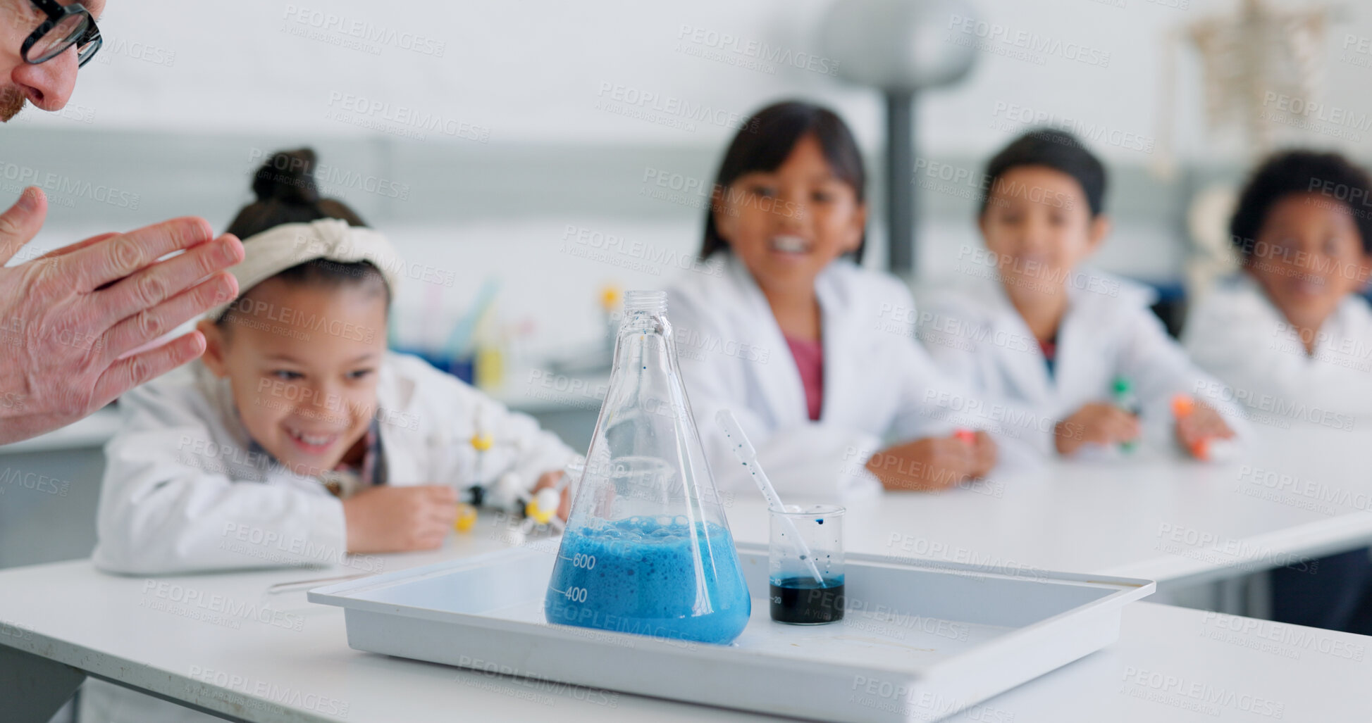 Buy stock photo School kids, science and teacher with beaker in class for learning, information or experiment for knowledge. Children, boy and girl with education, mentor or scholarship for innovation in laboratory