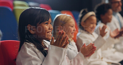 Buy stock photo Children, applause and education with smile, diversity and watching with lab coat and school. Science, students and happiness for innovation, research and learning for future, experiment and lab