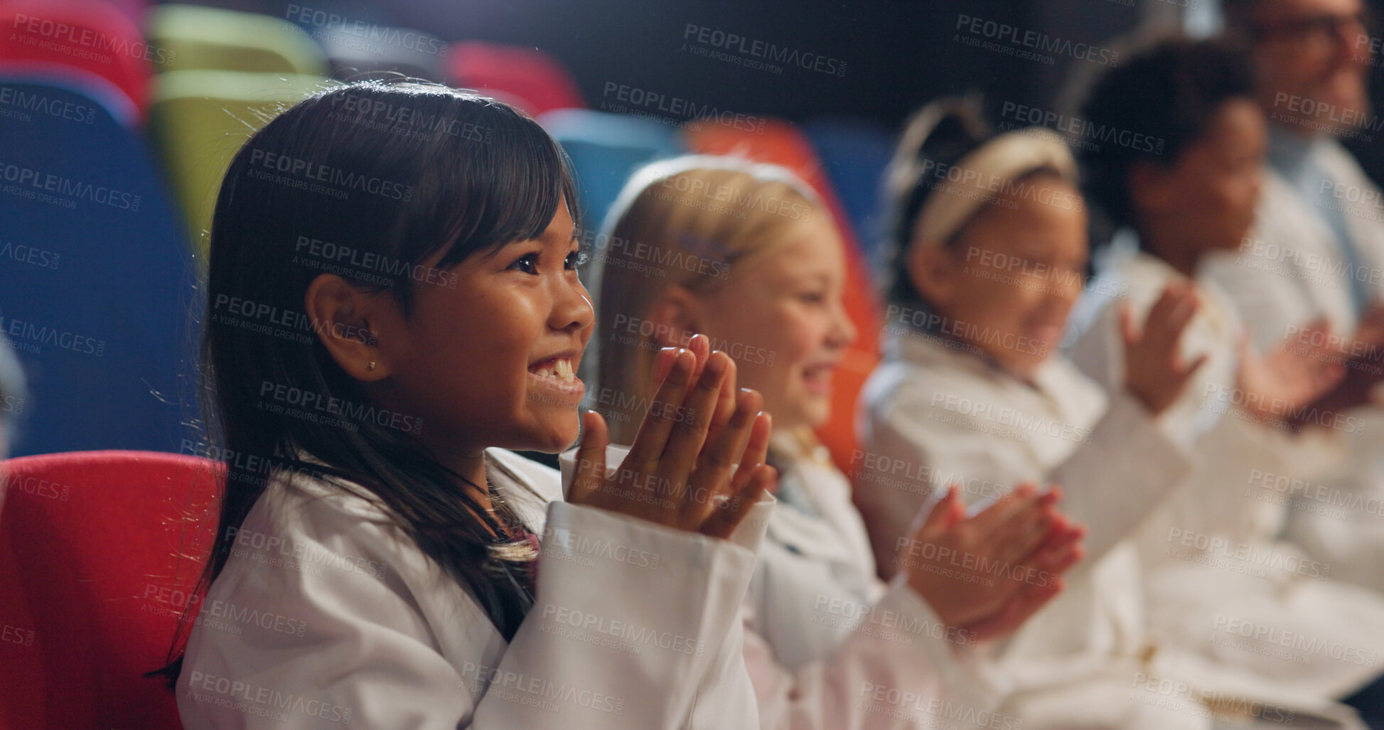 Buy stock photo Children, applause and education with smile, diversity and watching with lab coat and school. Science, students and happiness for innovation, research and learning for future, experiment and lab