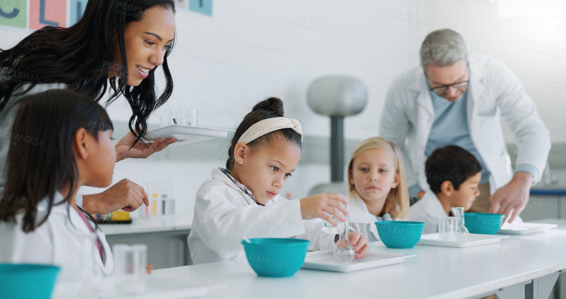 Buy stock photo Science, chemistry and children in class with their teachers for learning or to study. Students, school and scholarship with kids in a laboratory for an experiment of chemical reaction for education