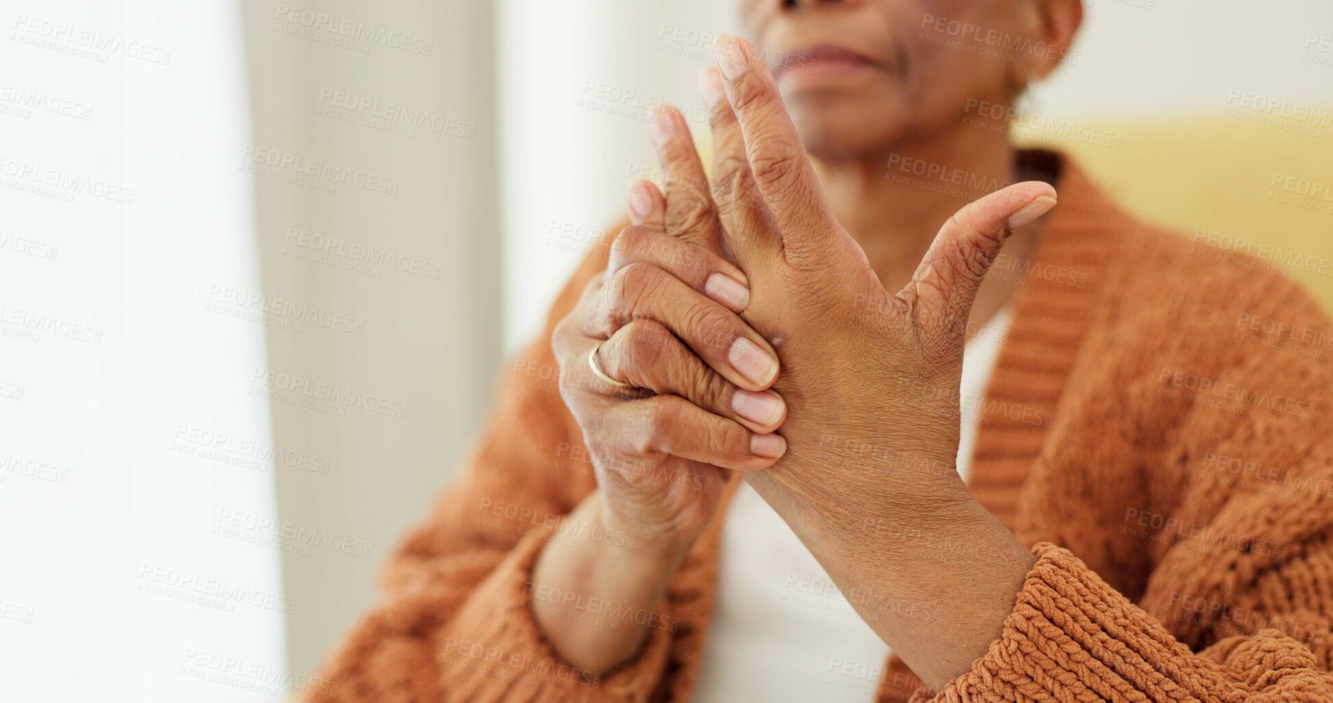 Buy stock photo Hands, pain and arthritis with an elderly woman in her nursing home, struggling with a medical injury or problem. Healthcare, ache or carpal tunnel with a senior resident in an assisted living house