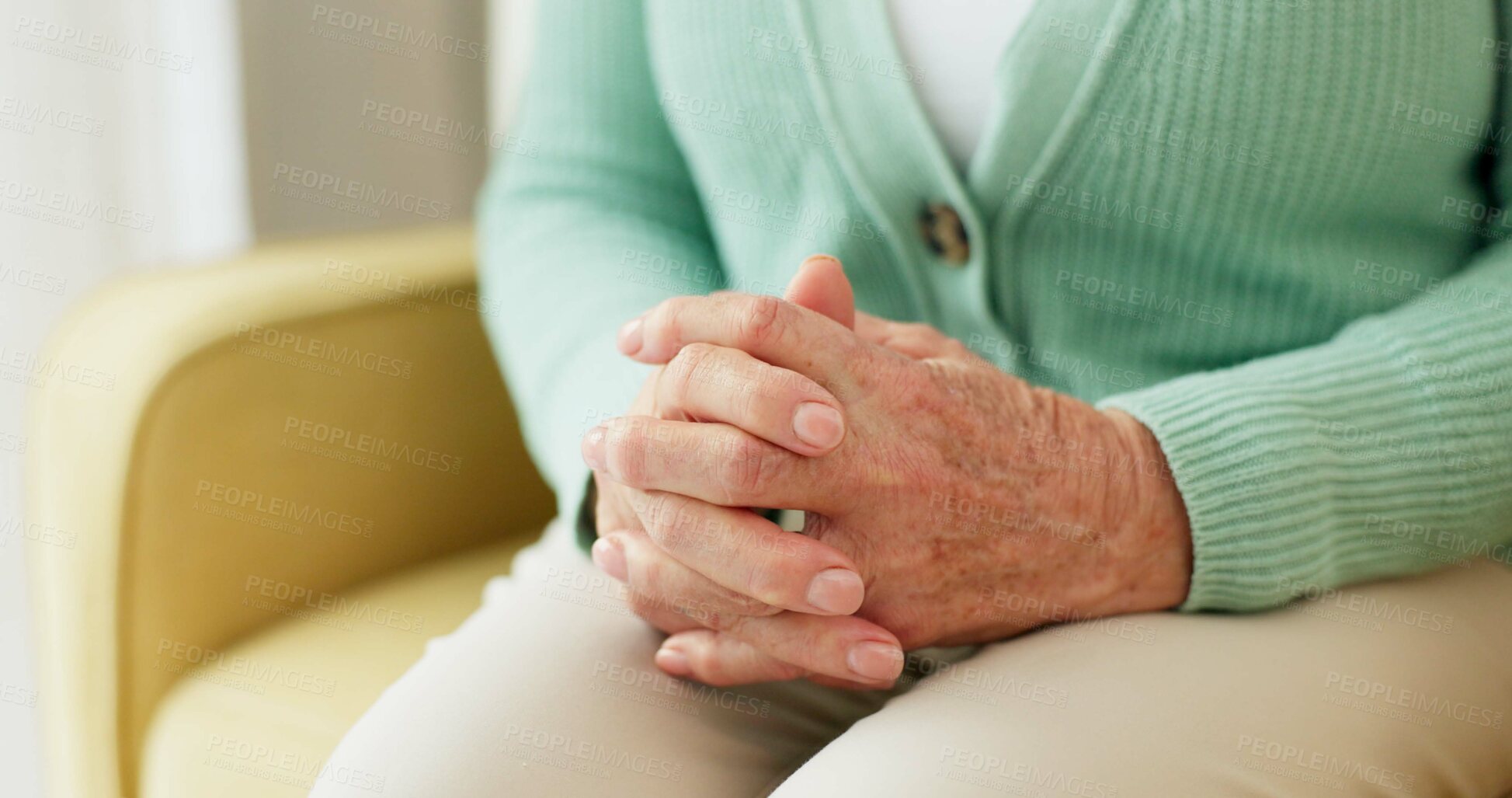 Buy stock photo Hands, anxiety and senior woman on a sofa with stress, fear or grief, dementia or scared in her home. Stress, worry and nervous elderly female in a living room with Alzheimer, arthritis or depression