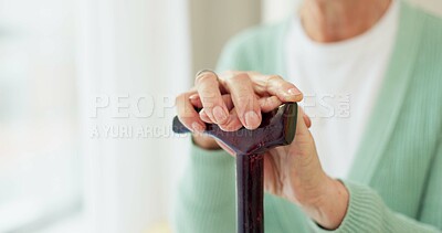 Cane, retirement and support with hands of old woman for cancer, medical and person with a disability. Rehabilitation, healthcare and walking stick with closeup of person in nursing home for balance
