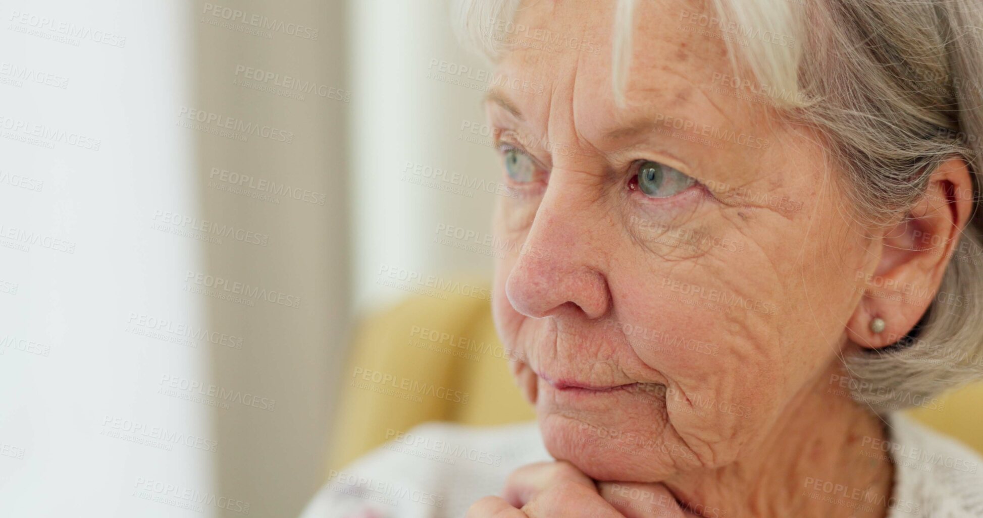 Buy stock photo Senior woman, sad face and thinking at home with hands on chin to remember memory in retirement. Serious and upset elderly person at a nursing facility shaking head for negative emotion or Alzheimer