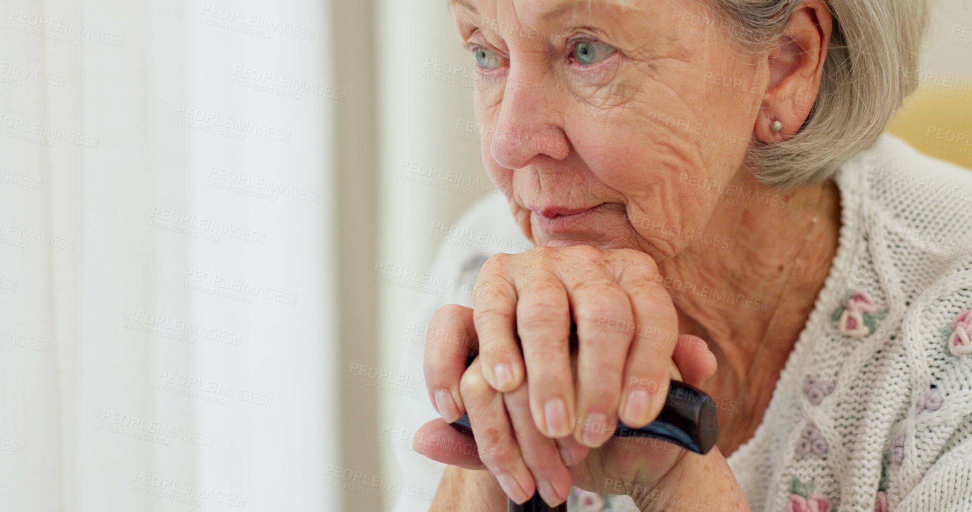 Buy stock photo Senior woman, thinking and cane on home sofa to remember memory and relax in retirement. Serious or sad elderly person or old lady with a disability at nursing facility with Alzheimer and arthritis