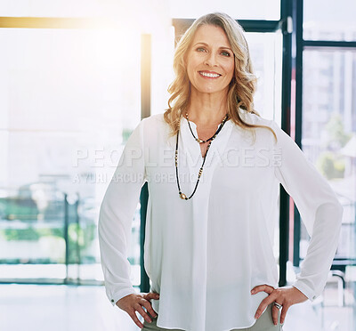 Buy stock photo Crossed arms, happy and portrait of business woman with confidence, empowerment and pride in office. Corporate, management and face of senior female worker with future vision, mission and motivation