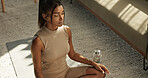 Woman, yoga and meditation with above in living room for zen, mental health and healthy body at home. Indian, person or mindful breath in peace to relax, chakra train and spiritual wellness on floor