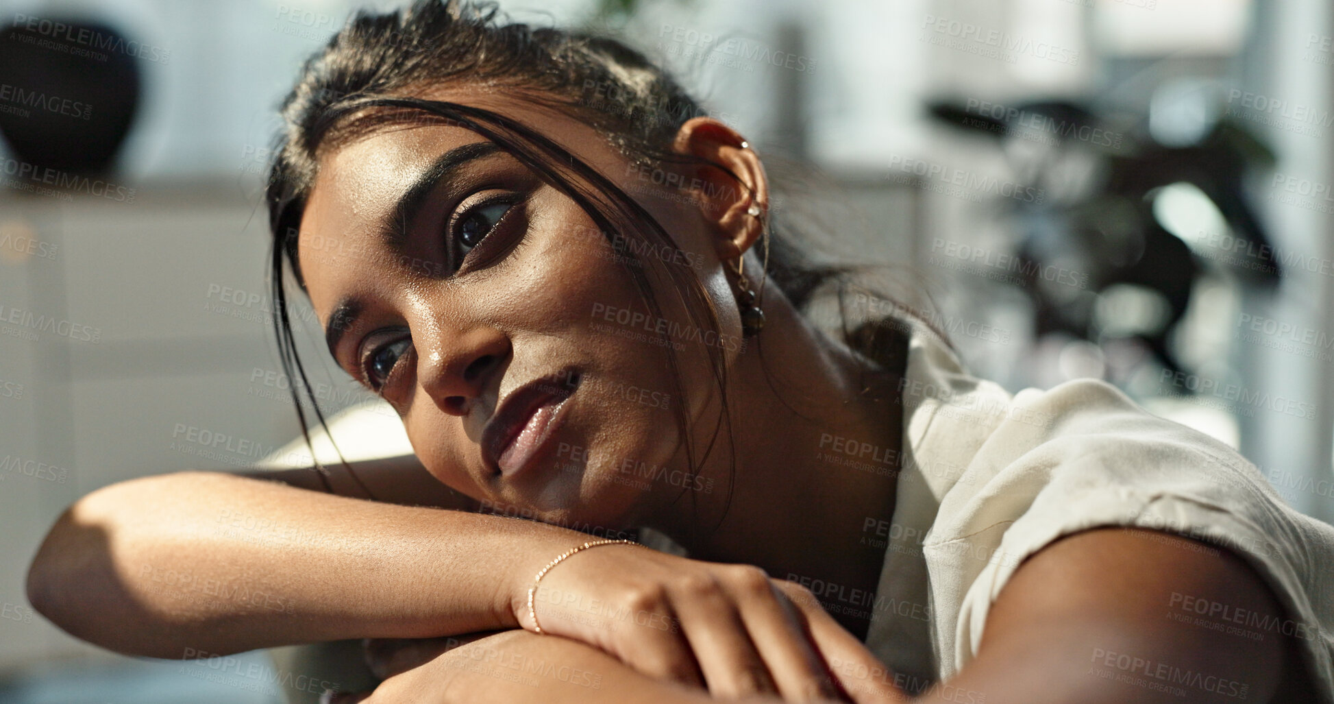 Buy stock photo Thinking, depression and young woman on a sofa relaxing with a memory or reflection in living room. Mental health, planning and Indian female person with doubt chilling in lounge of modern apartment.