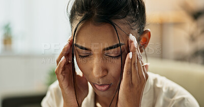 Buy stock photo Face of woman, pain and headache in home for anxiety, mental health or stress of fatigue, mistake or debt. Burnout, crisis and frustrated indian person with trauma, broken heart or tired of brain fog